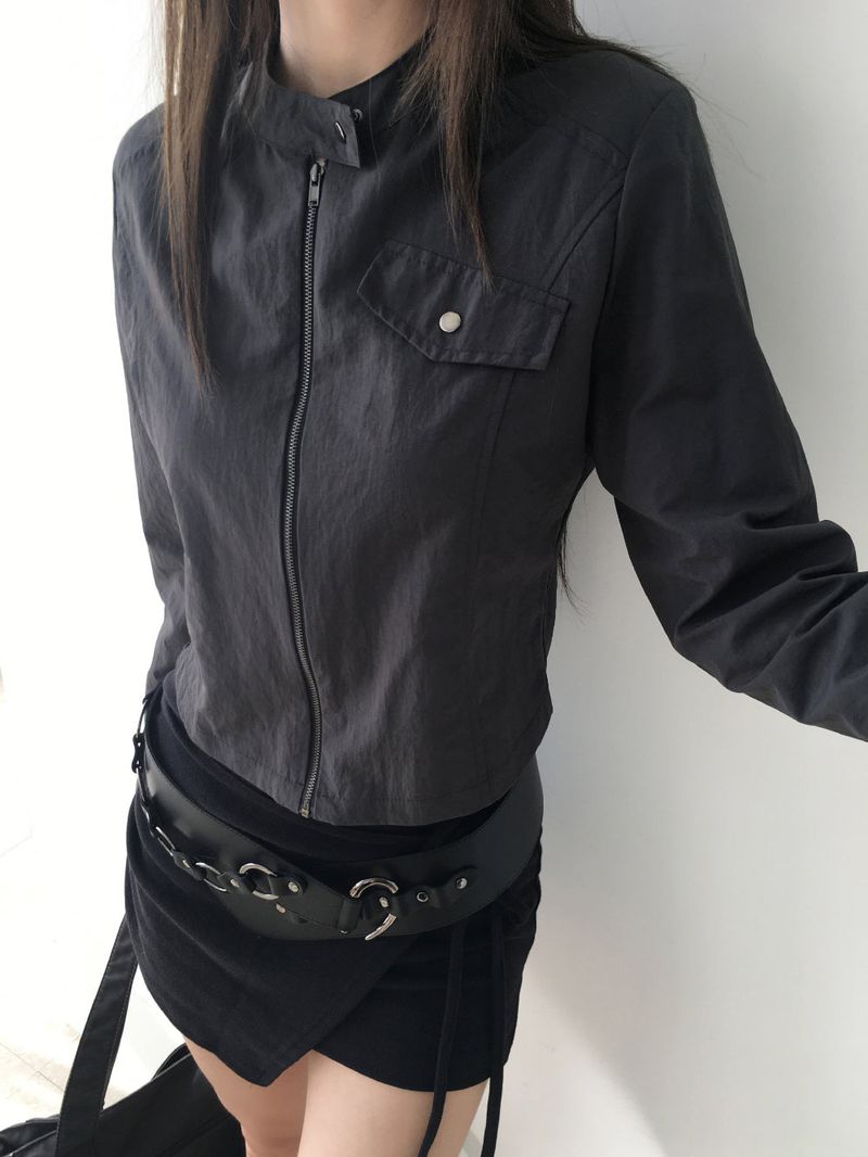 High-neck snap short jacket