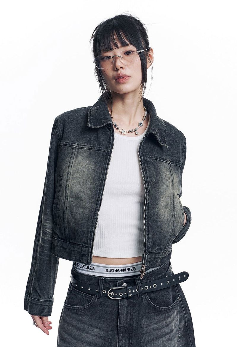 Washed Crop Track Denim Jacket - Black