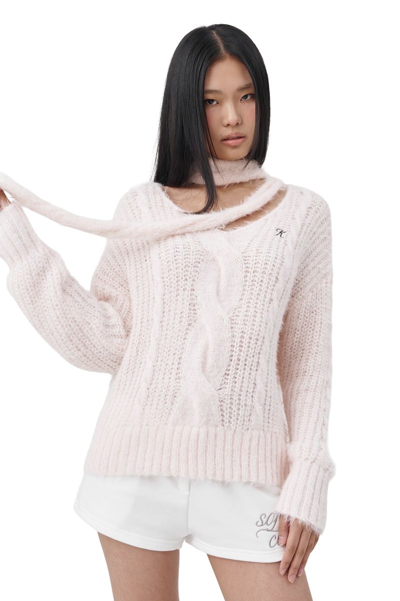 Softy cable knit & muffler, Pink