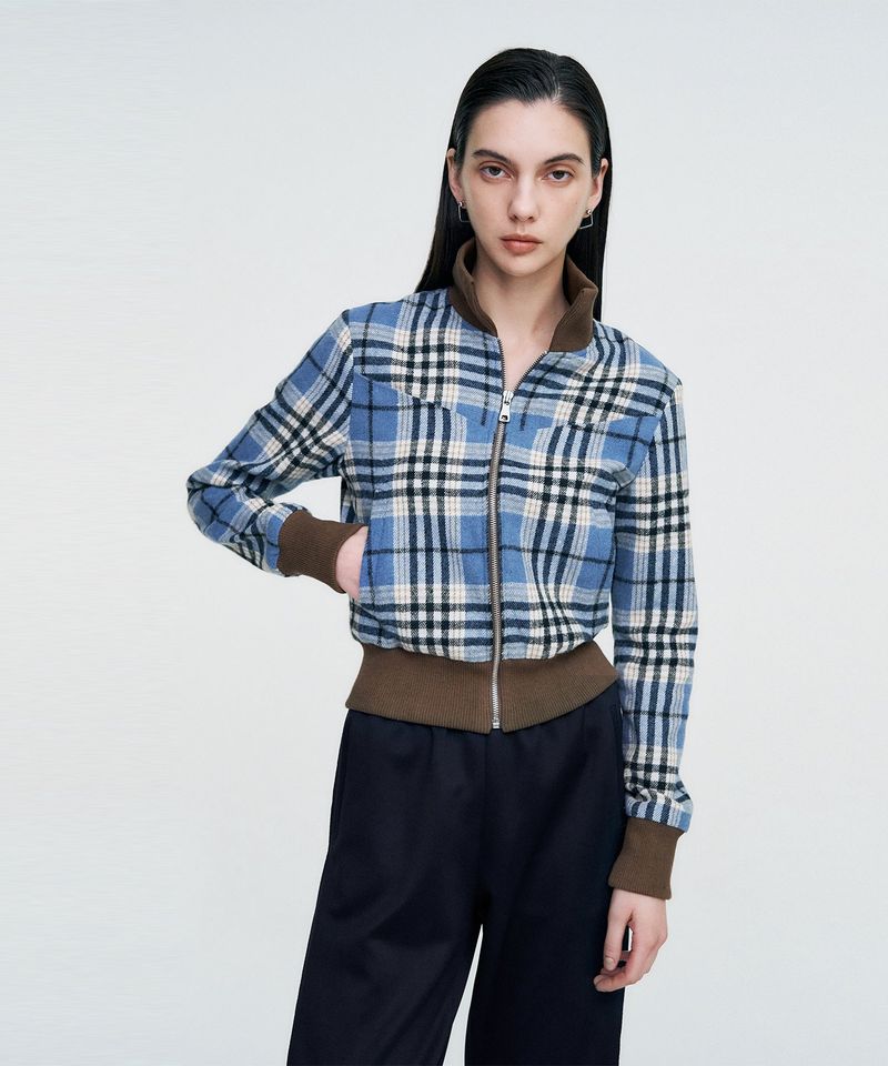 Plaid Check Flannel Zip-Up Jacket _ SKY BLUE