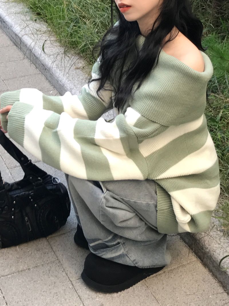 Off-shoulder Oversized Fit Stripe Knitwear