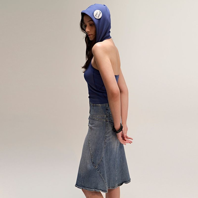 Button Hood Halterneck Top Navy
