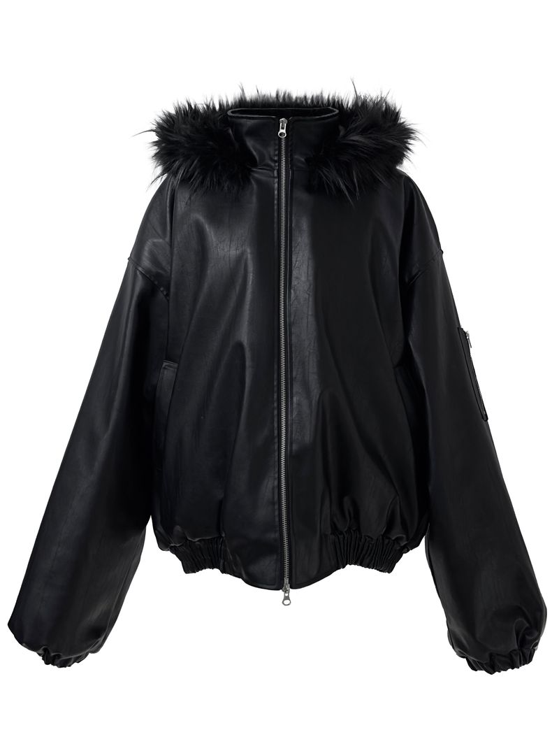overfit fur hood leather jacket