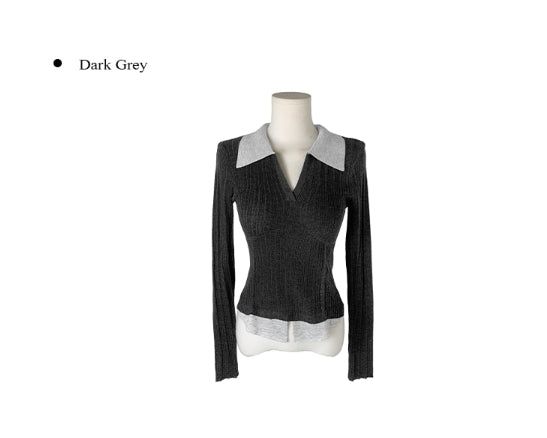 Elti Collar Color Matching Slim Ribbed Knit