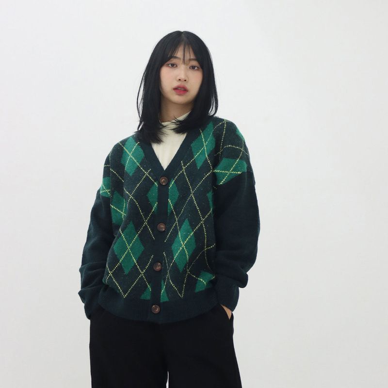 Bulky Brush and Argyle Cardigan_3color