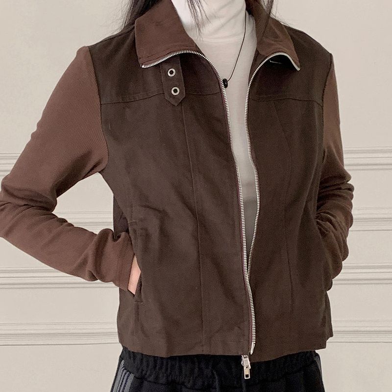 Tatter ribbed coloring belt two-way crop zip-up jacket