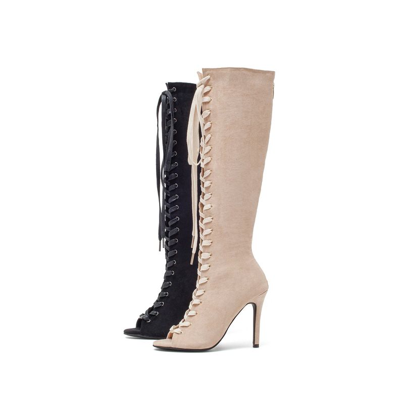 Suede Lace-Up Open Toe Boots Heel(Black)