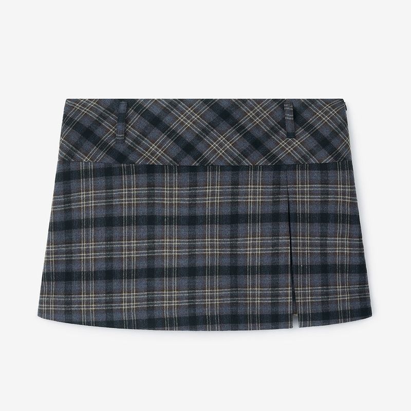 Slit Mini Skirt Pants Check-Blue