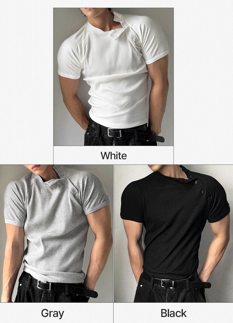 Side-button muscle-fit short-sleeve knit