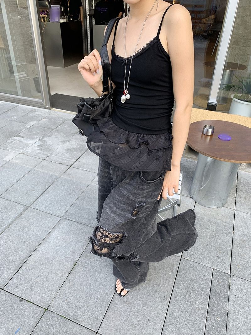 Vintage lace patch black denim pants