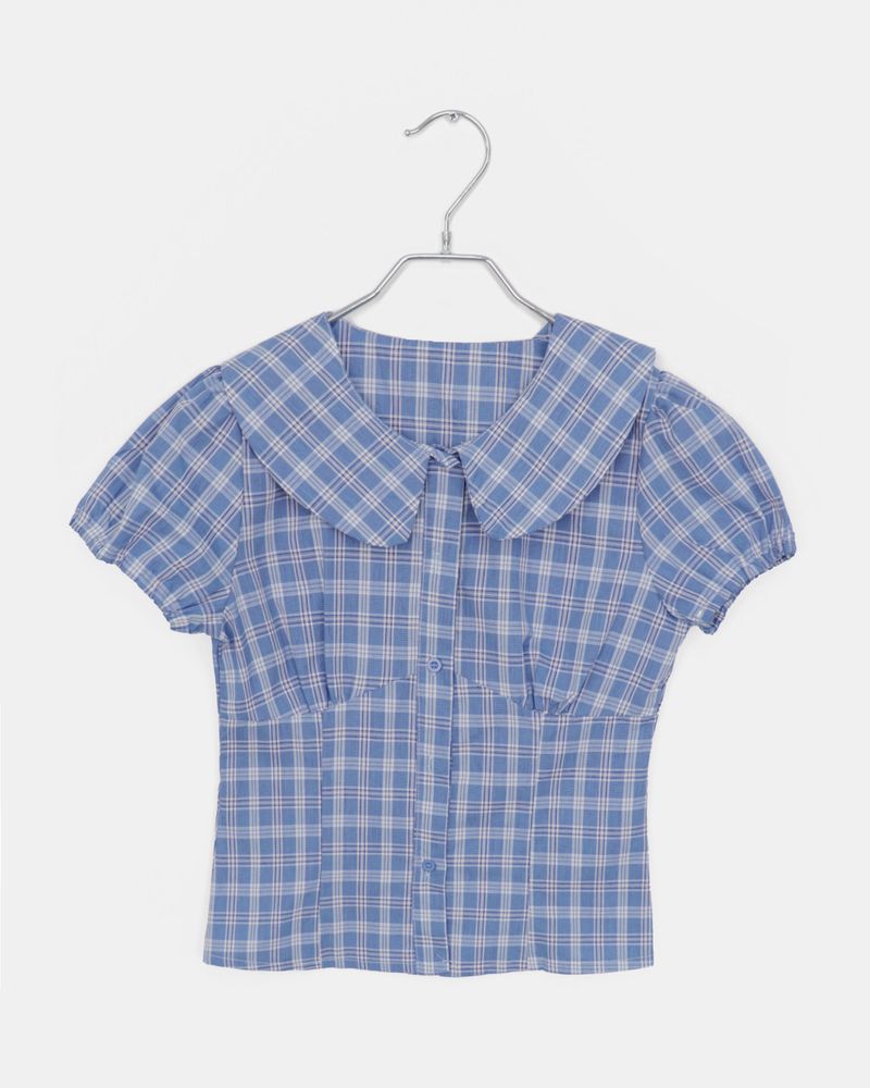 Ward Round Collar Puff Checkered Blouse