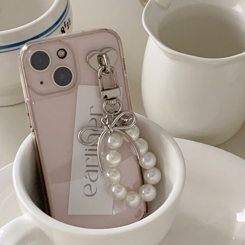 [handmade] silver ribbon pearl keyring (white)