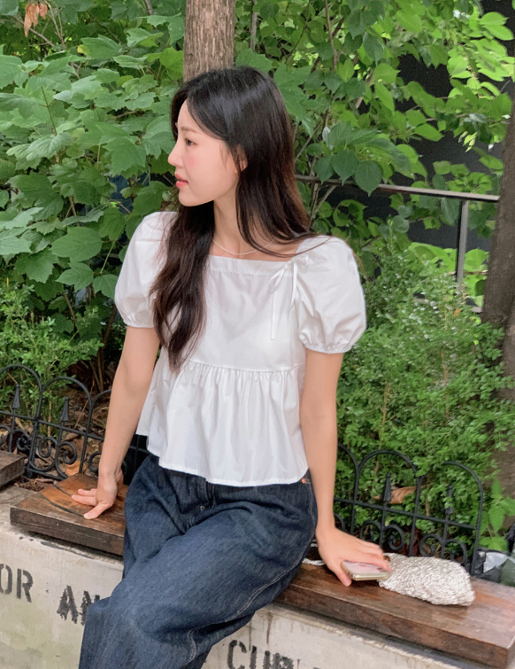 Square Puff Ribbon Short Sleeve Blouse (2color)