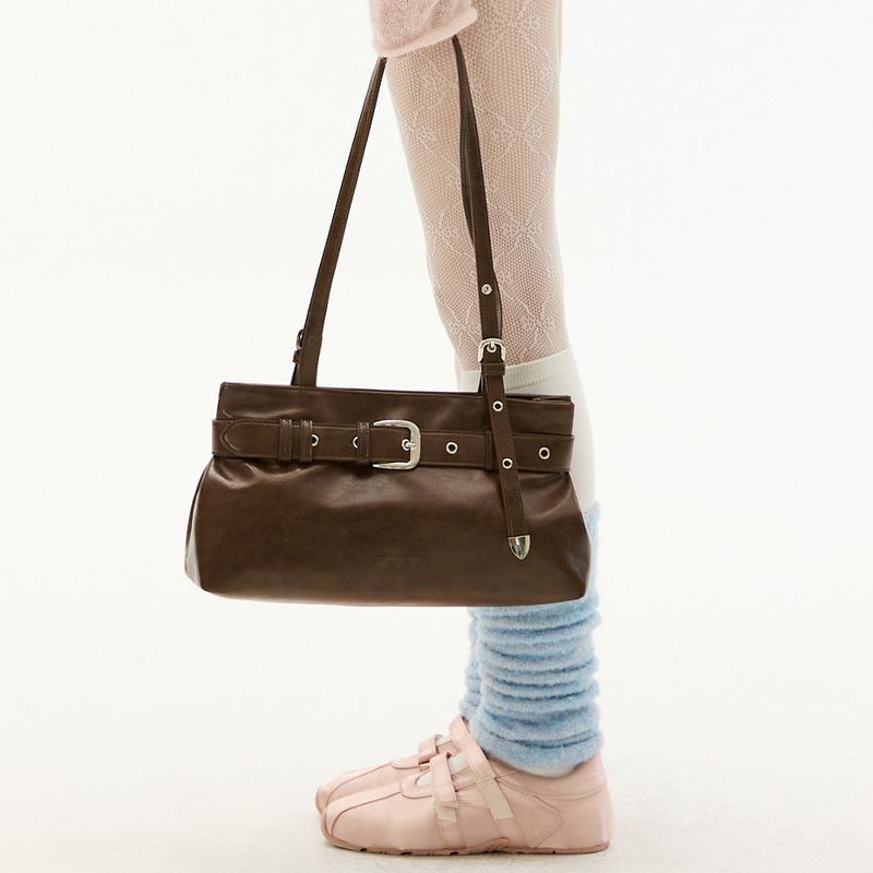 Buckle Strap Tote Shoulder Bag _ Brown