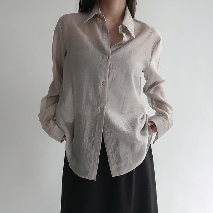 [Heronte] Satin See-Through Long-Sleeved Shirt - 4 colors