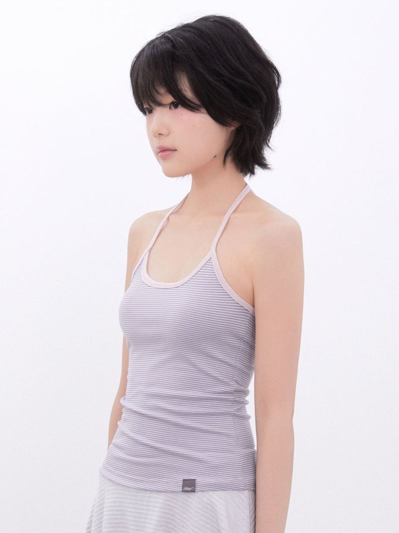Stripe Two-Tone Halter Neck Top(PINKGREY)