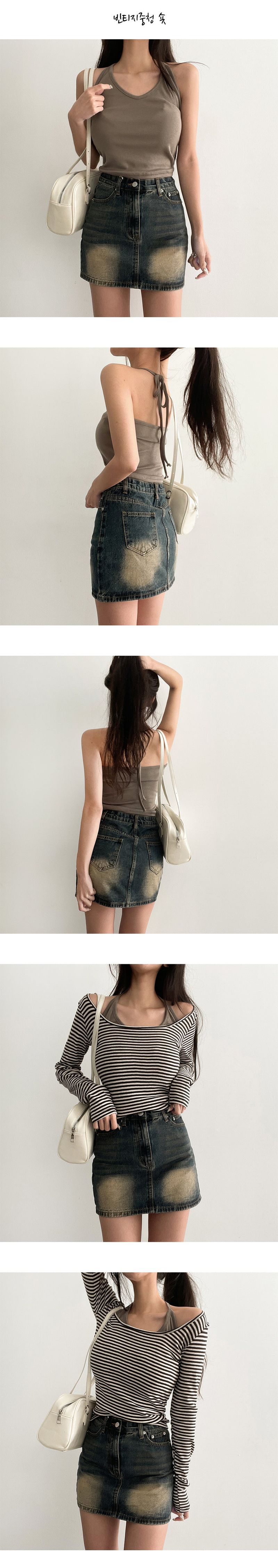 [Short & Basic] [S-2XL] Brush-washed denim mini skirt