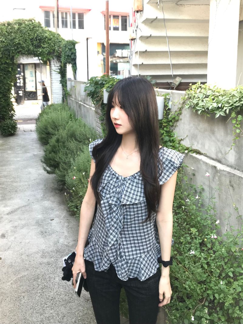 Checked frill blouse (2 colors)
