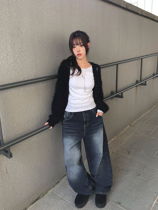 Bowling Hem Snap Wide Washing Denim Pants
