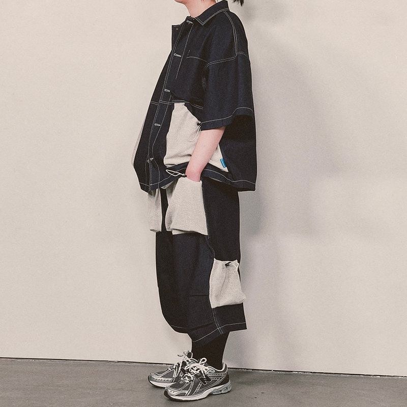 reverse terry pocket denim capri shorts_blue