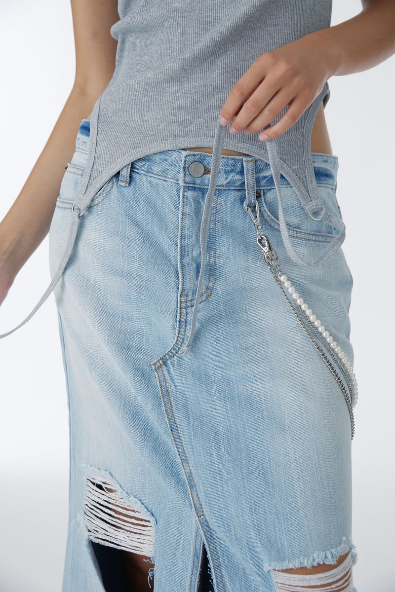 DAMAGED LONG DENIM SKIRT (BLUE)