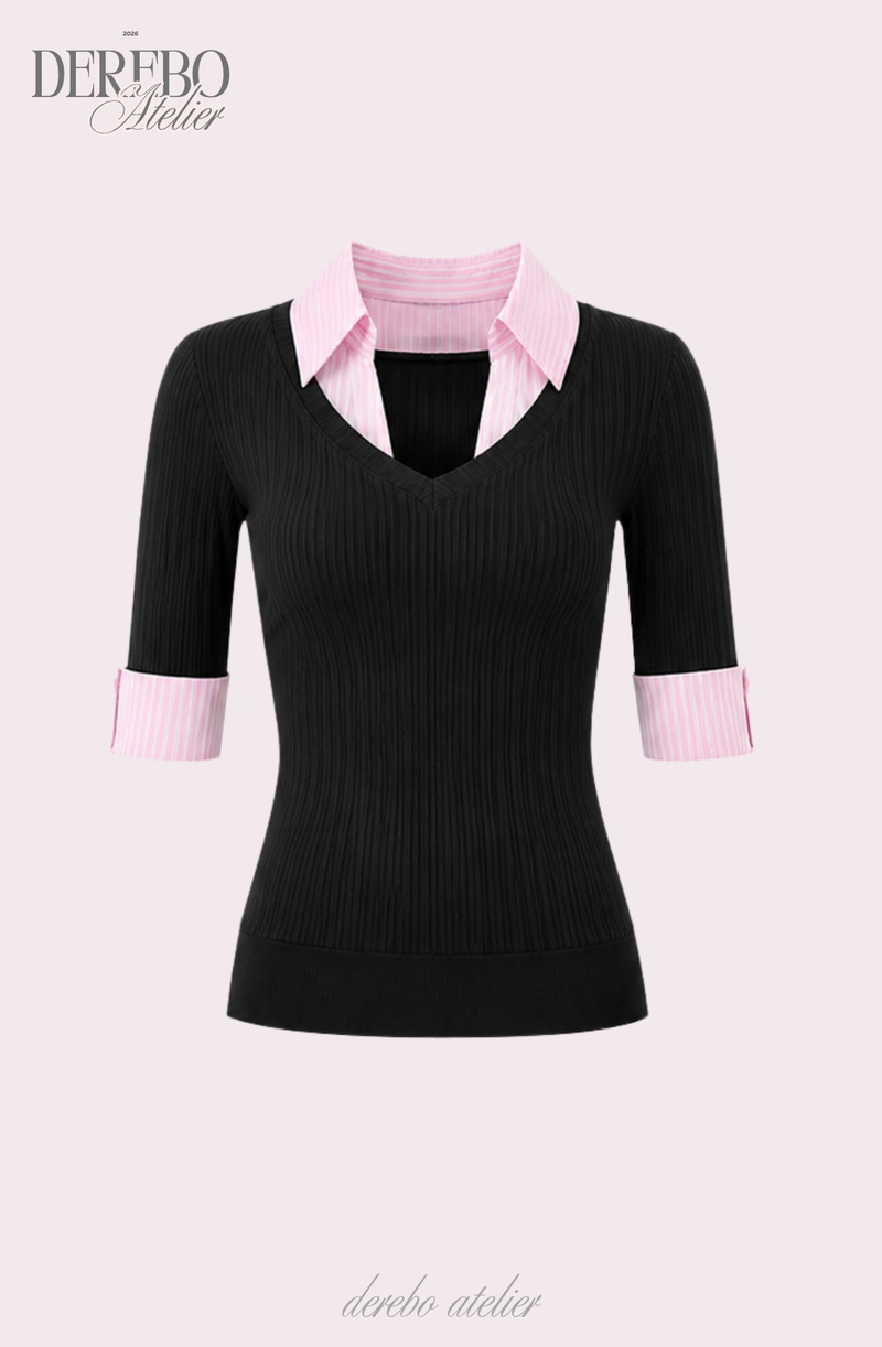 Pink black steady collar V top