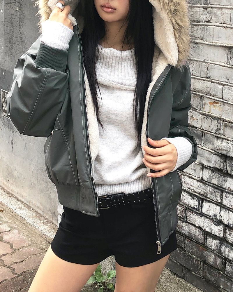 Kait Snap Button Stitch Oversized Fur Parka Jacket