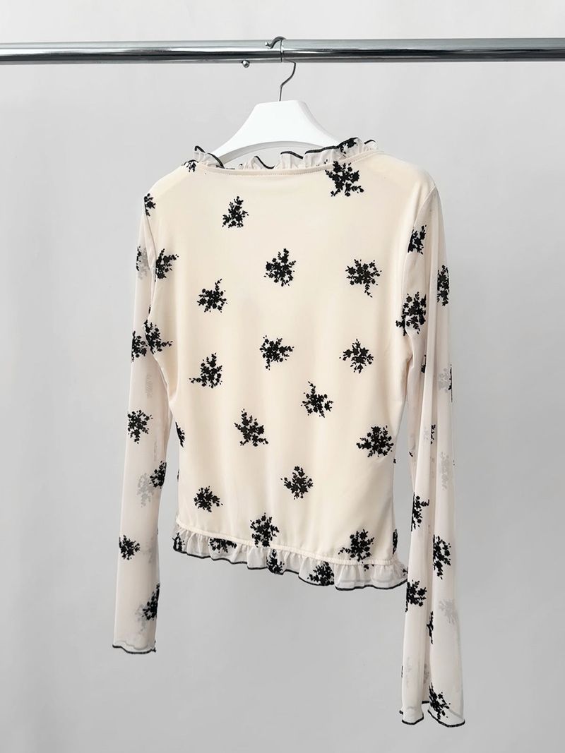 retro floral ruffle long-sleeve blouse