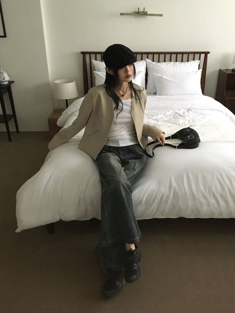 TF no-collar V short leather jacket