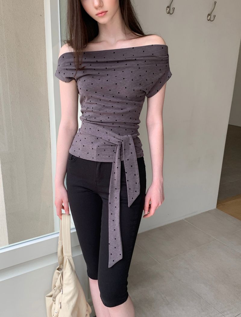 [ORIGINAL] Raise Dot One-Shoulder Wrap T-shirt