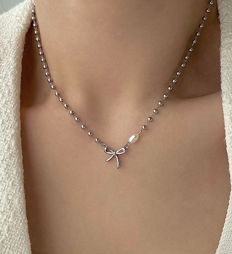 ari Ballet Core Ribbon Serious Steel Freshwater Pearl Short Choker Ball Layered Necklace (choose from 2)