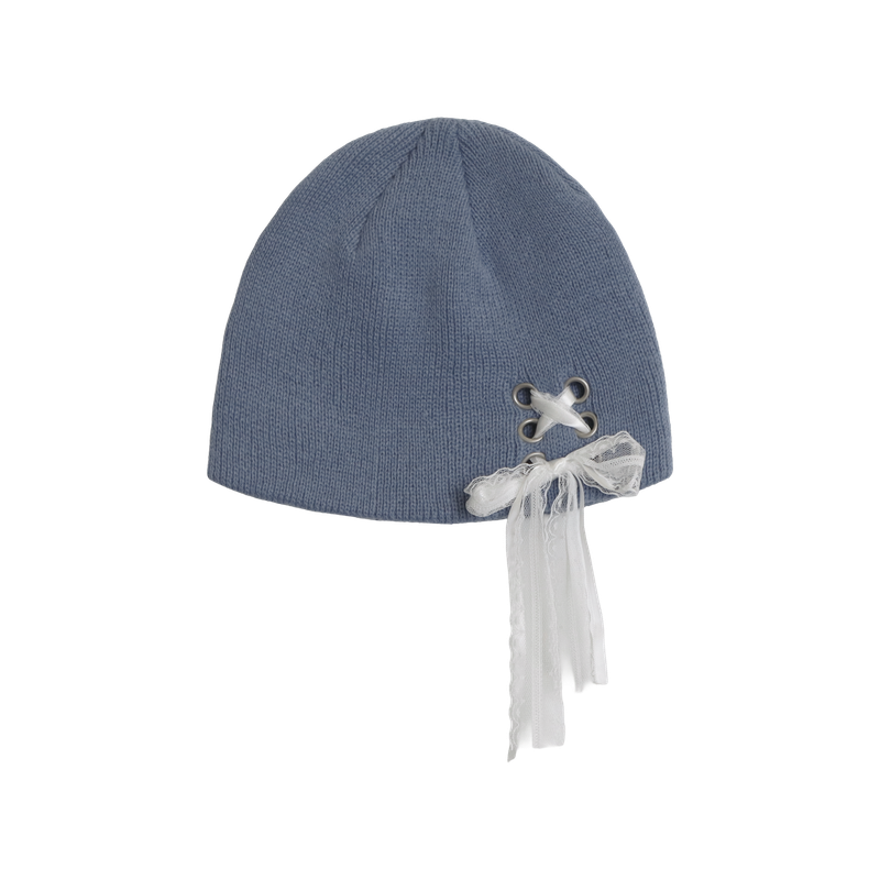 RIBBON EYELET KNIT BEANIE