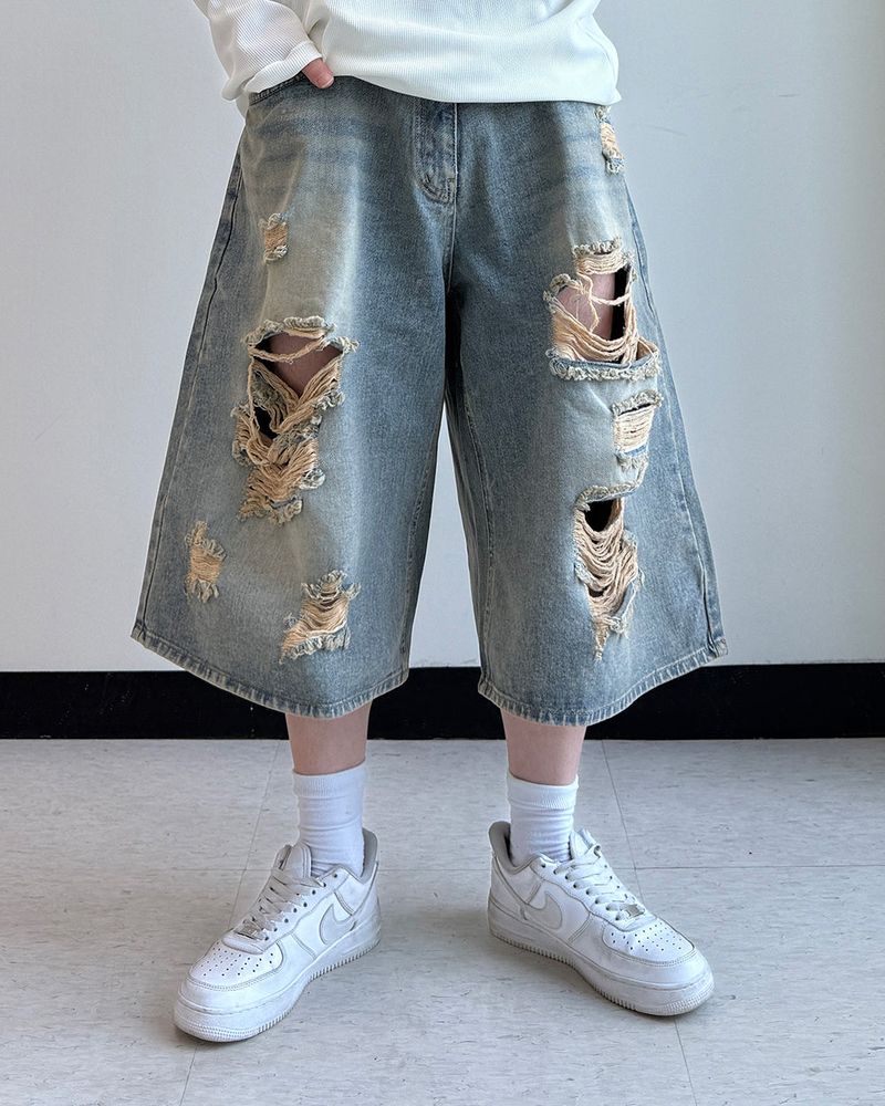 Level-Distressed Bermuda Denim Shorts