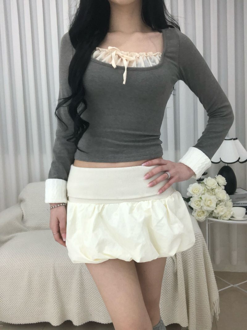 Gray Frill Mix Knit Top
