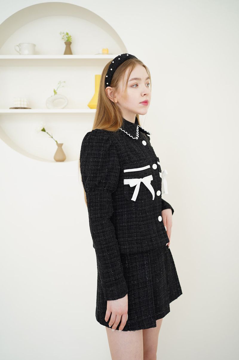 set tweed romantic jacket skirt black