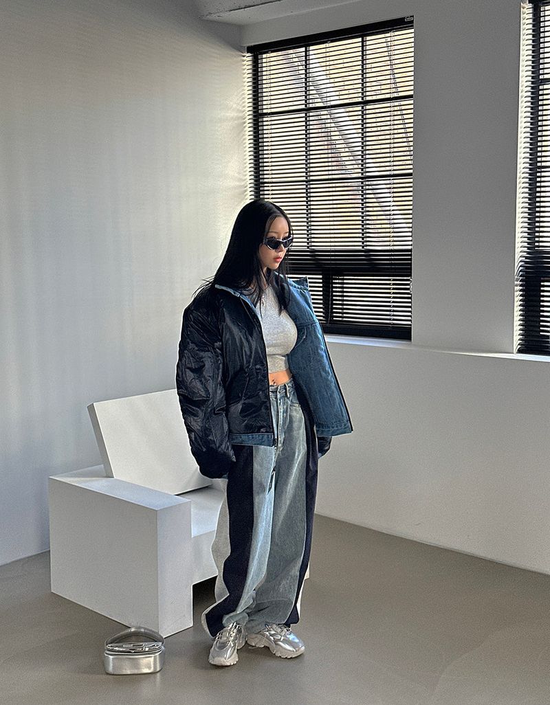 Double-sided reversible denim padded coat