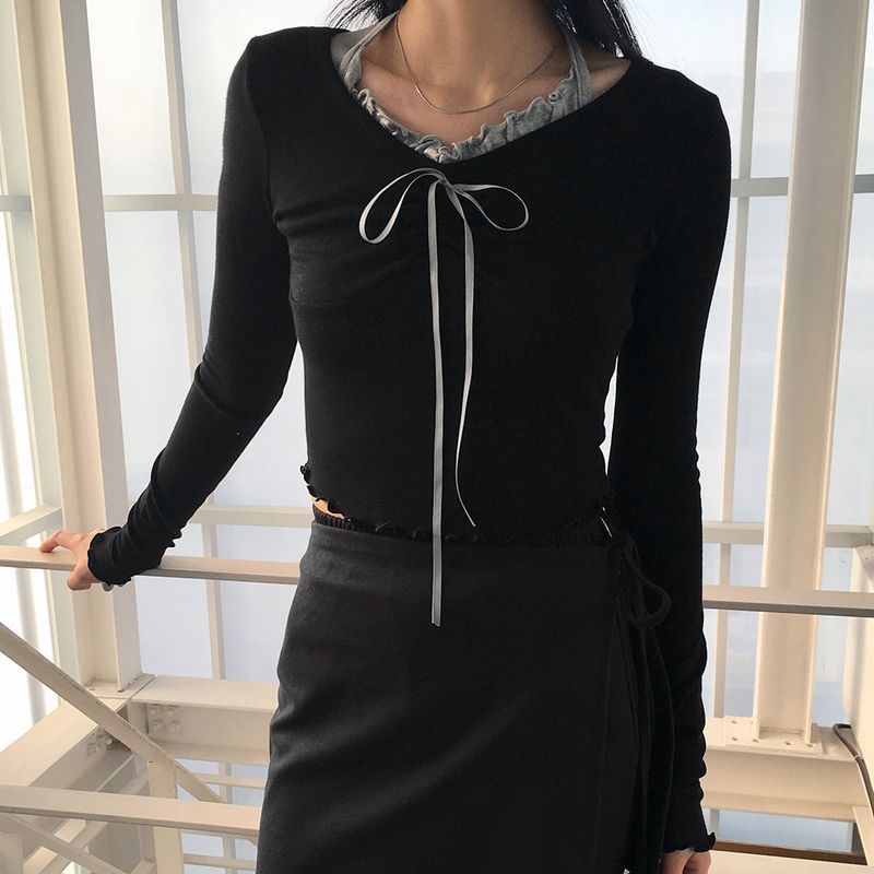 チリングバレエコアシャーリングリボンウェービー長袖Tシャツ