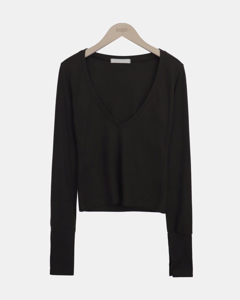 Poin Deep V-Neck Button-Sleeve Long-Sleeve T-Shirt