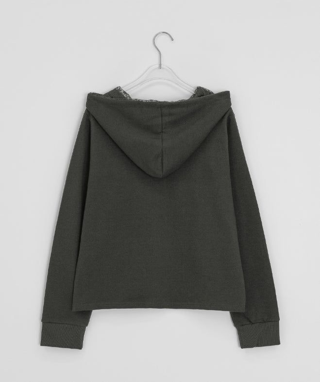 Sigyu Flower Lace Shirring Hood Zip-up