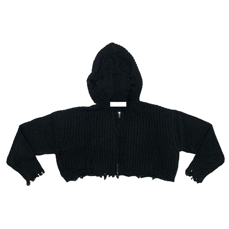 Damage crop knit hood jumper