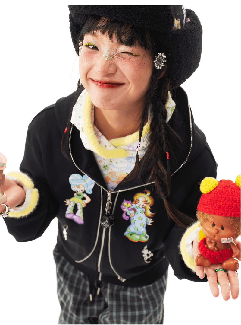 sillysis 黒のかわいい女の子イラスト、両頭金属ジッパー構造感スウェットパーカー