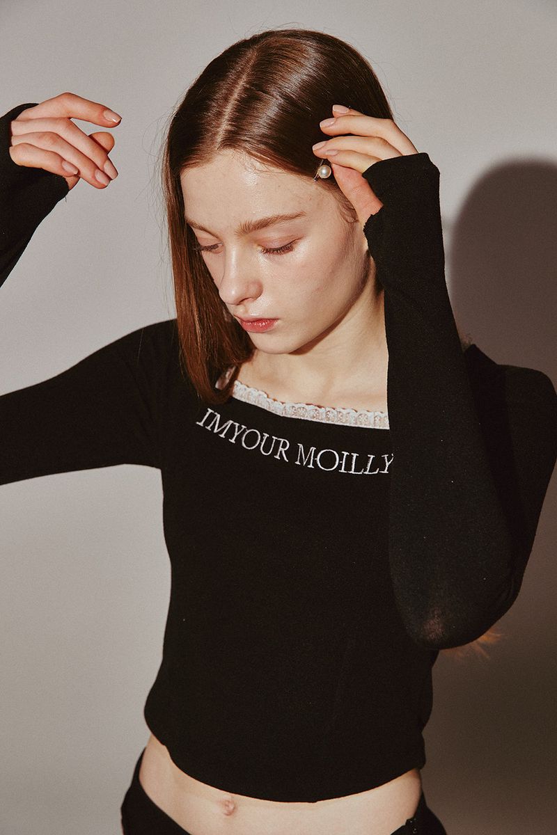 Square Neck Lace Long Sleeve Black