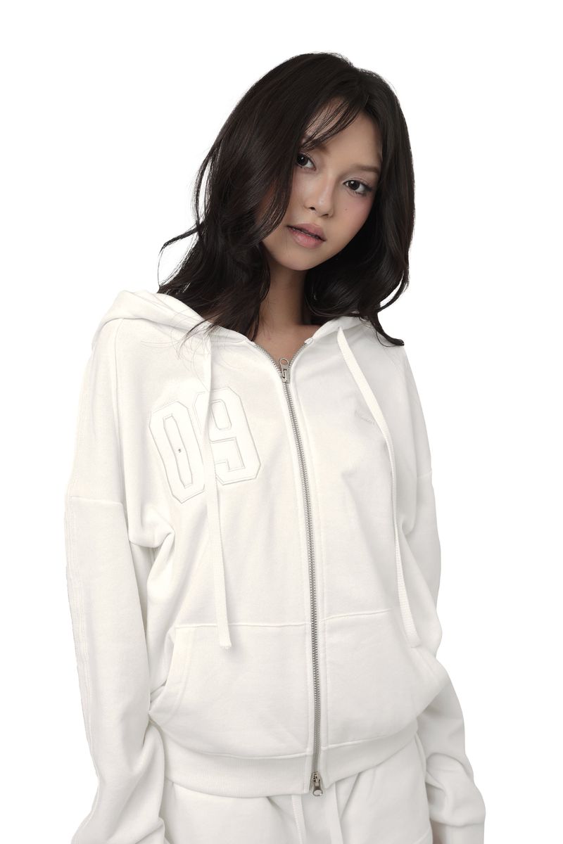 09 Numbering hooded zip-up, White