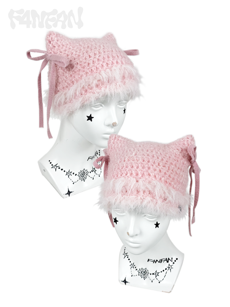 Handcrafted Crochet Cat Ear Beanie with Side Bows,Fluffy Long Fuzzy Brim, knit Cute Hat