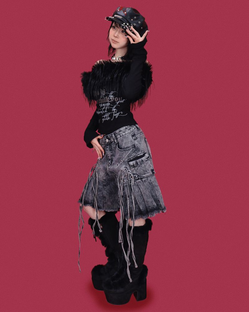 angry eyelet wide half pants - black