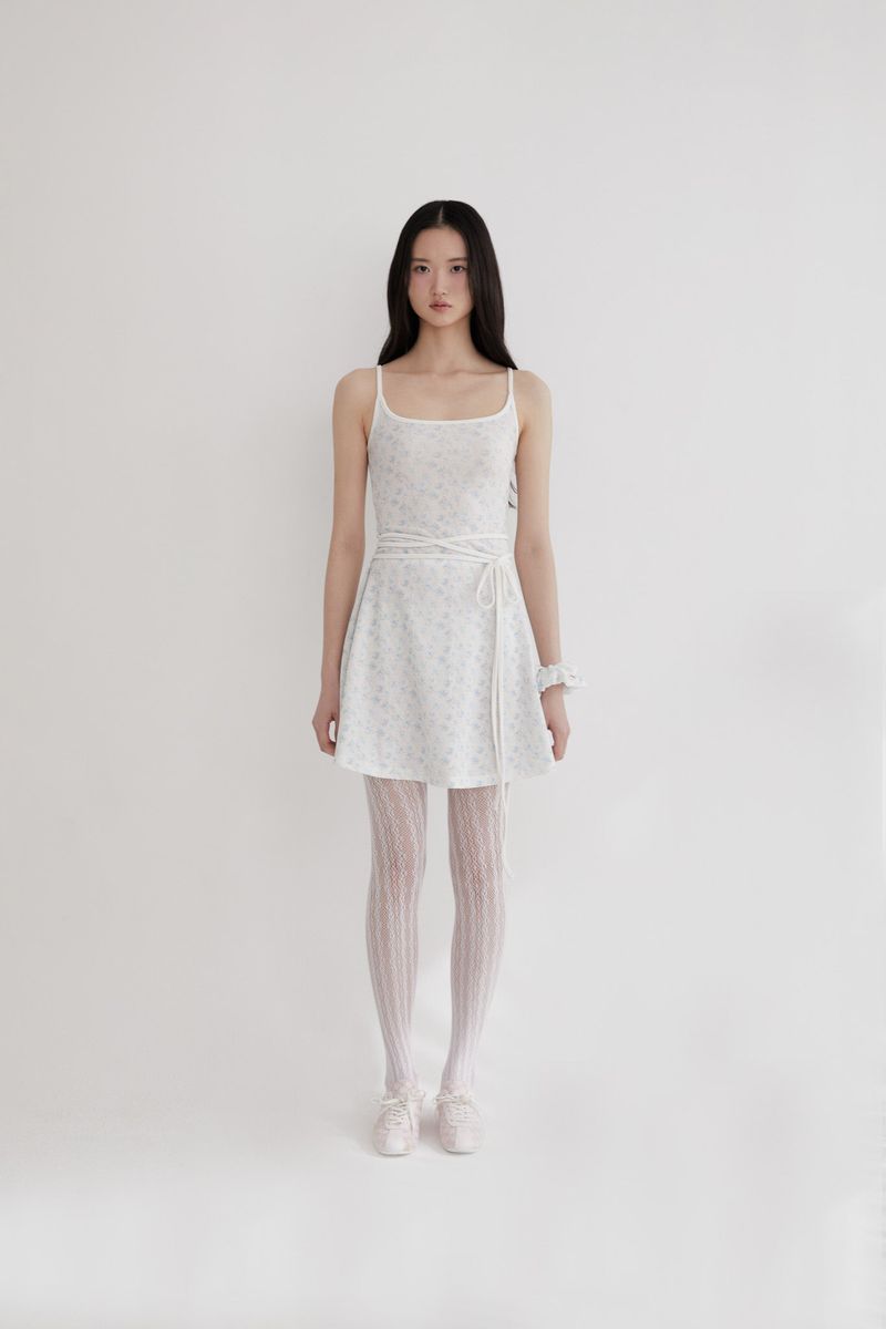 Flower strap mini dress(BLUE)