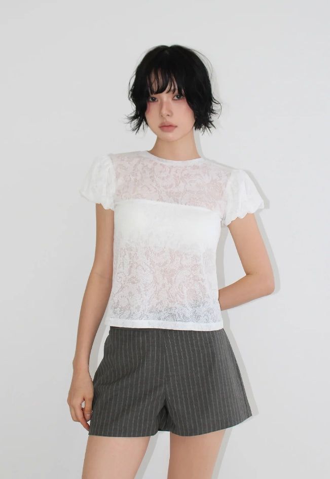 AAKE(アケ)の「PUFF SLEEVE SHEER TEE(Tops)」