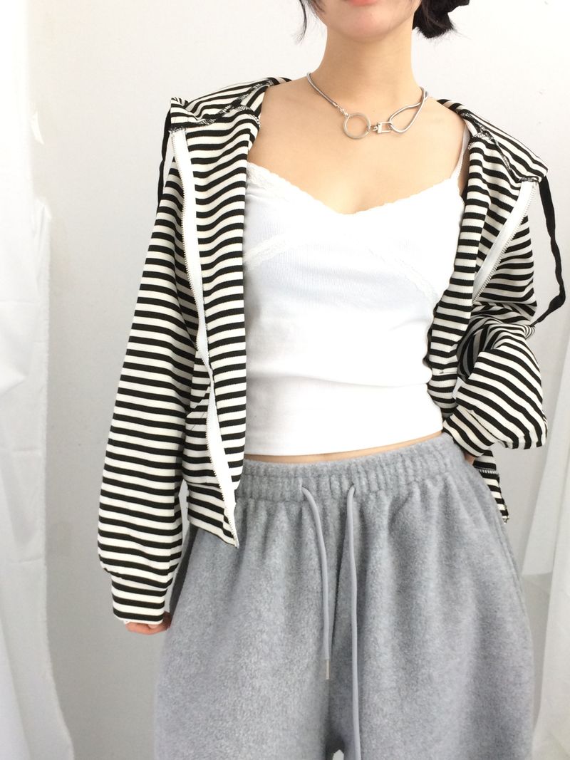 Stripe Semi-Crop Hooded Zip-Up