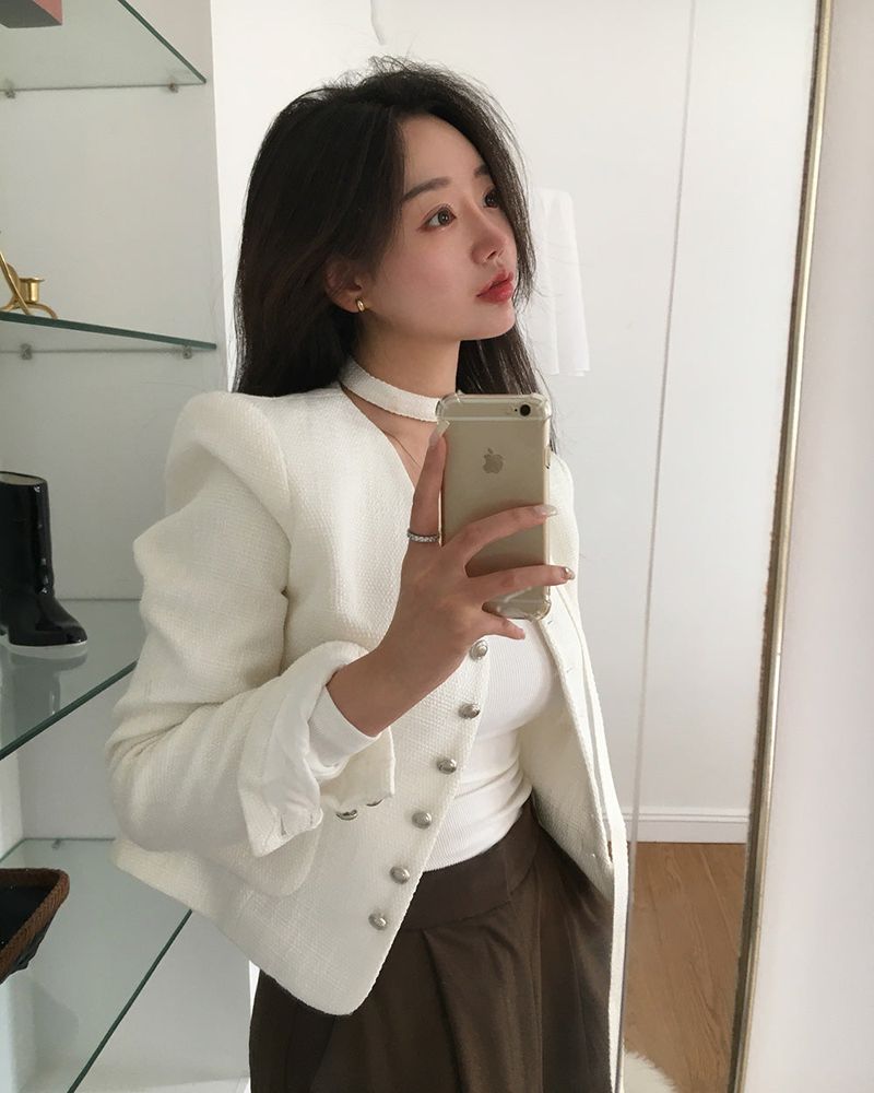 No-Collar Tweed Jacket with Tie Set