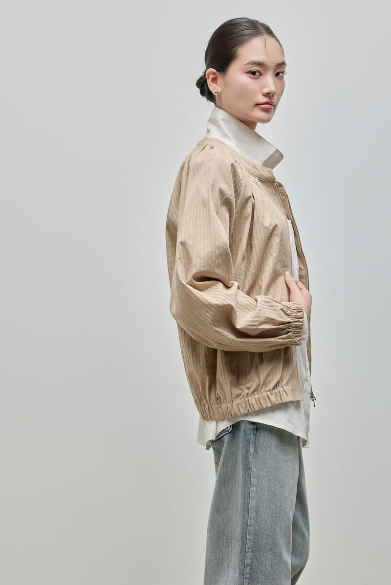 Shirring Zip-up Blouse Jumper_Beige